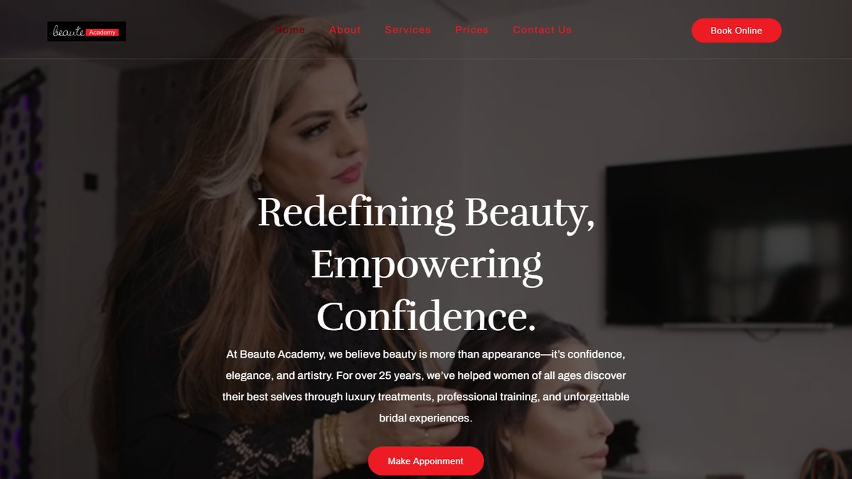 Homepage of beauteacademy.co.uk — Beaute Academy Salon & Training built by Jazba Host