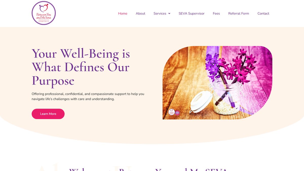 Homepage of betweenyouandmeseva.com — Between You and Me SEVA Counselling built by Jazba Host
