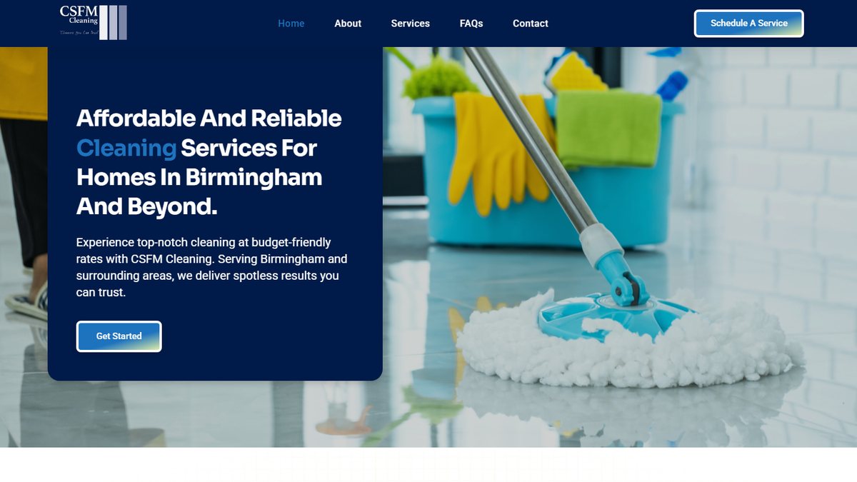 Homepage of csfmcleaning.com — CSFM Cleaning Birmingham built by Jazba Host